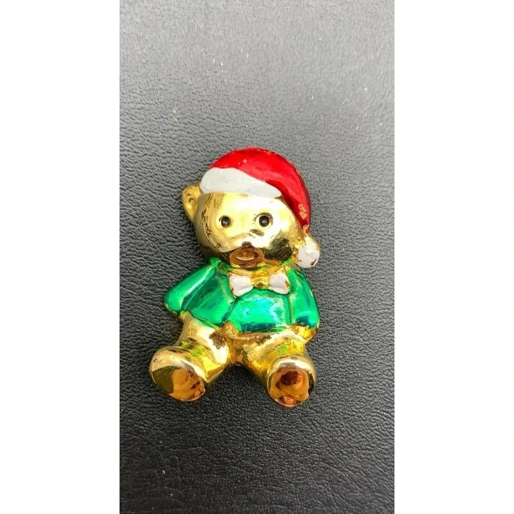 Vintage Gold Tone And Enamel Christmas Teddy Bear Brooch